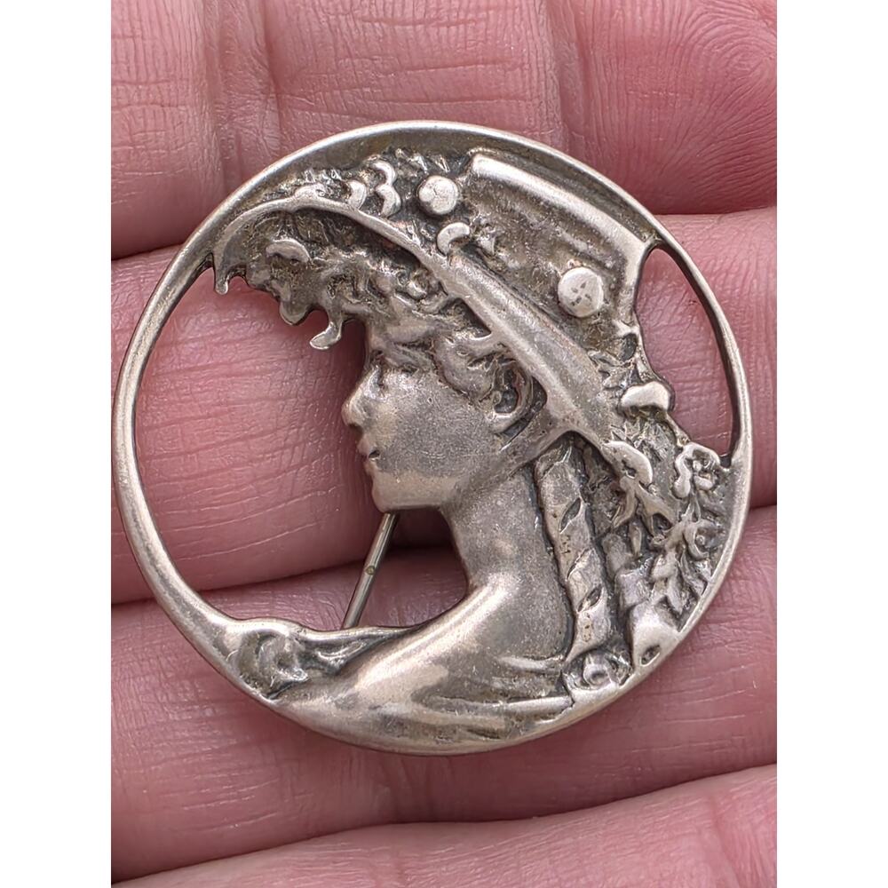 Vintage 925 Sterling Silver Art Nouveau Lady Profile Brooch Pin Pendant